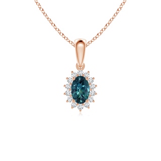 6x4mm AAA Oval Teal Montana Sapphire Pendant with Floral Diamond Halo in 9K Rose Gold
