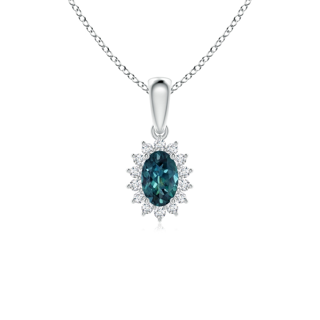 6x4mm AAA Oval Teal Montana Sapphire Pendant with Floral Diamond Halo in P950 Platinum