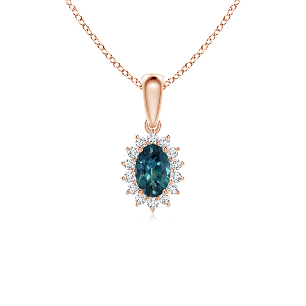 6x4mm AAA Oval Teal Montana Sapphire Pendant with Floral Diamond Halo in Rose Gold