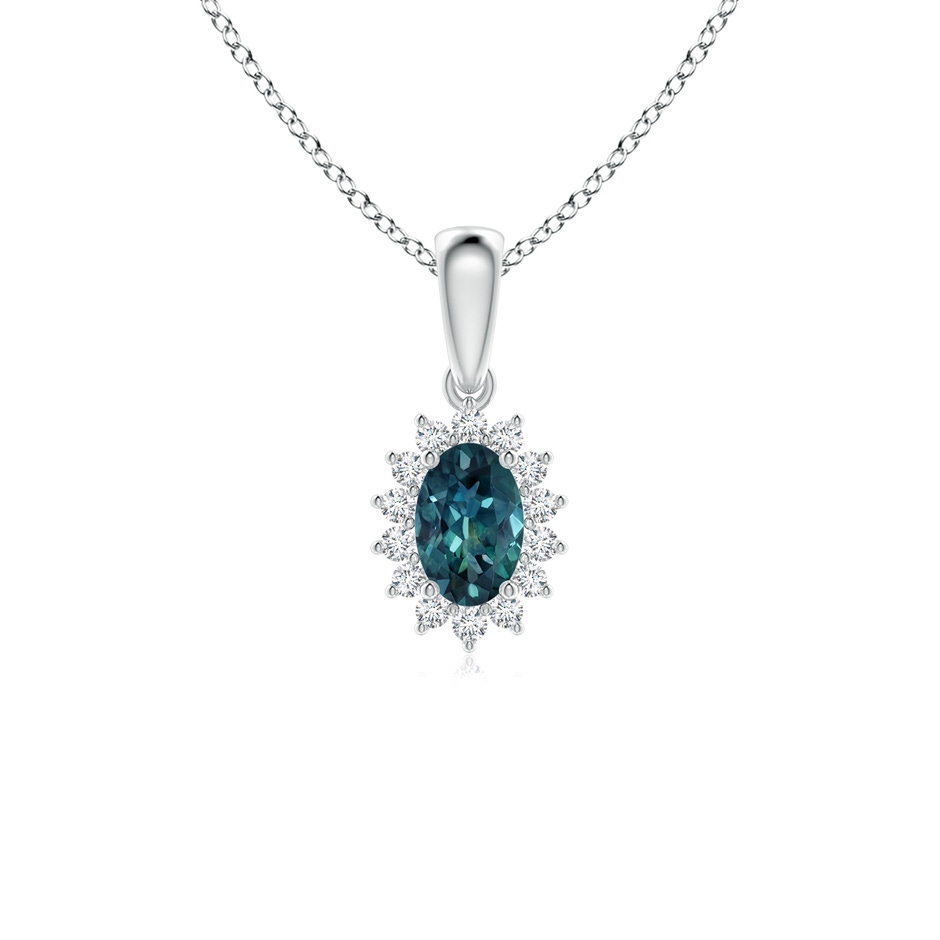 6x4mm AAA Oval Teal Montana Sapphire Pendant with Floral Diamond Halo in White Gold 