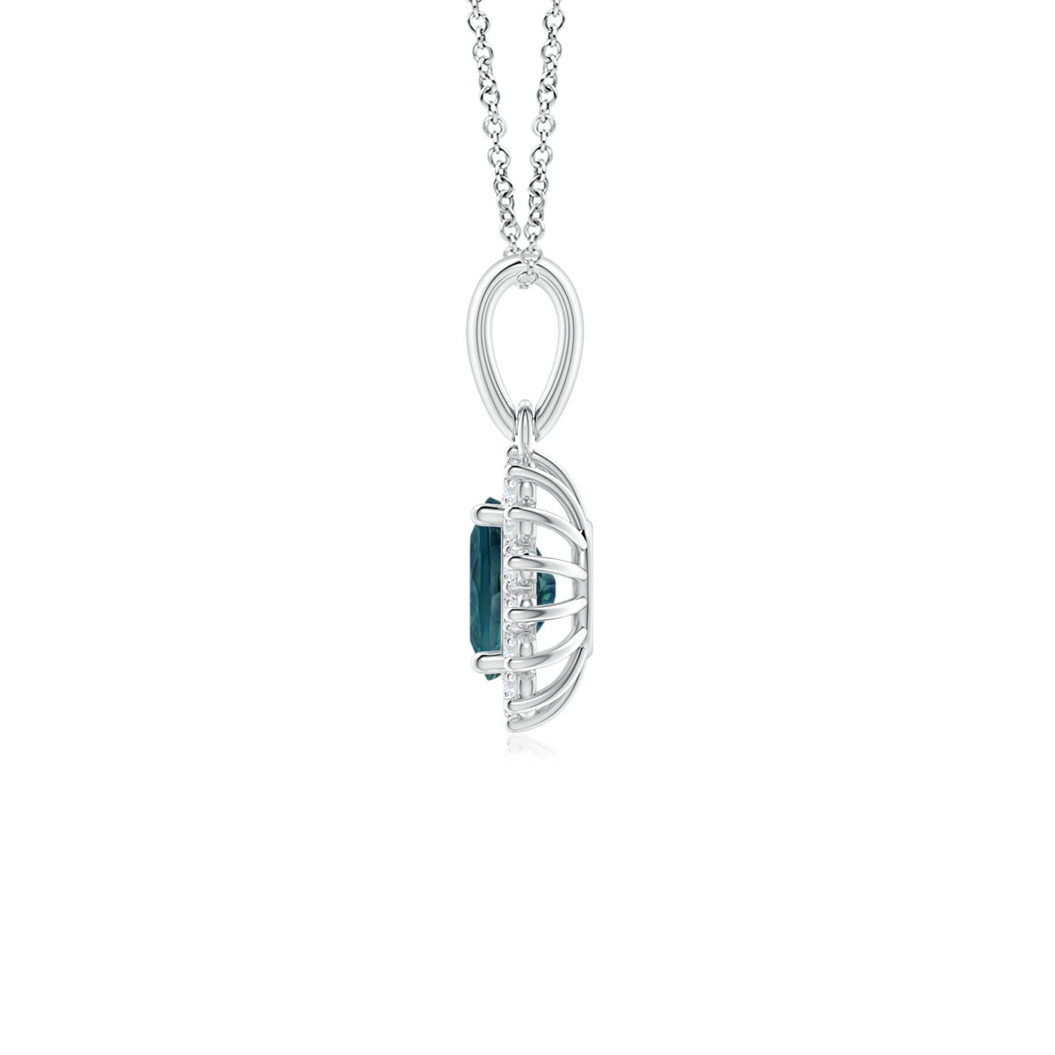 6x4mm AAA Oval Teal Montana Sapphire Pendant with Floral Diamond Halo in White Gold