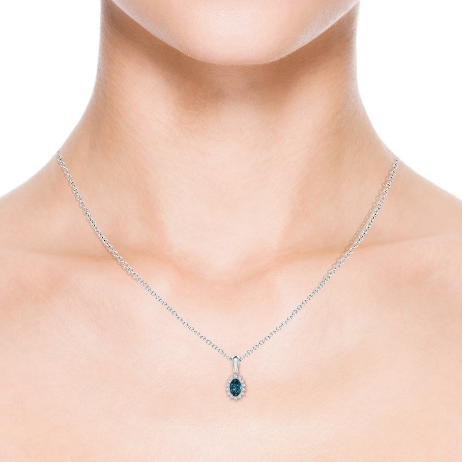 6x4mm AAA Oval Teal Montana Sapphire Pendant with Floral Diamond Halo in White Gold body-neck