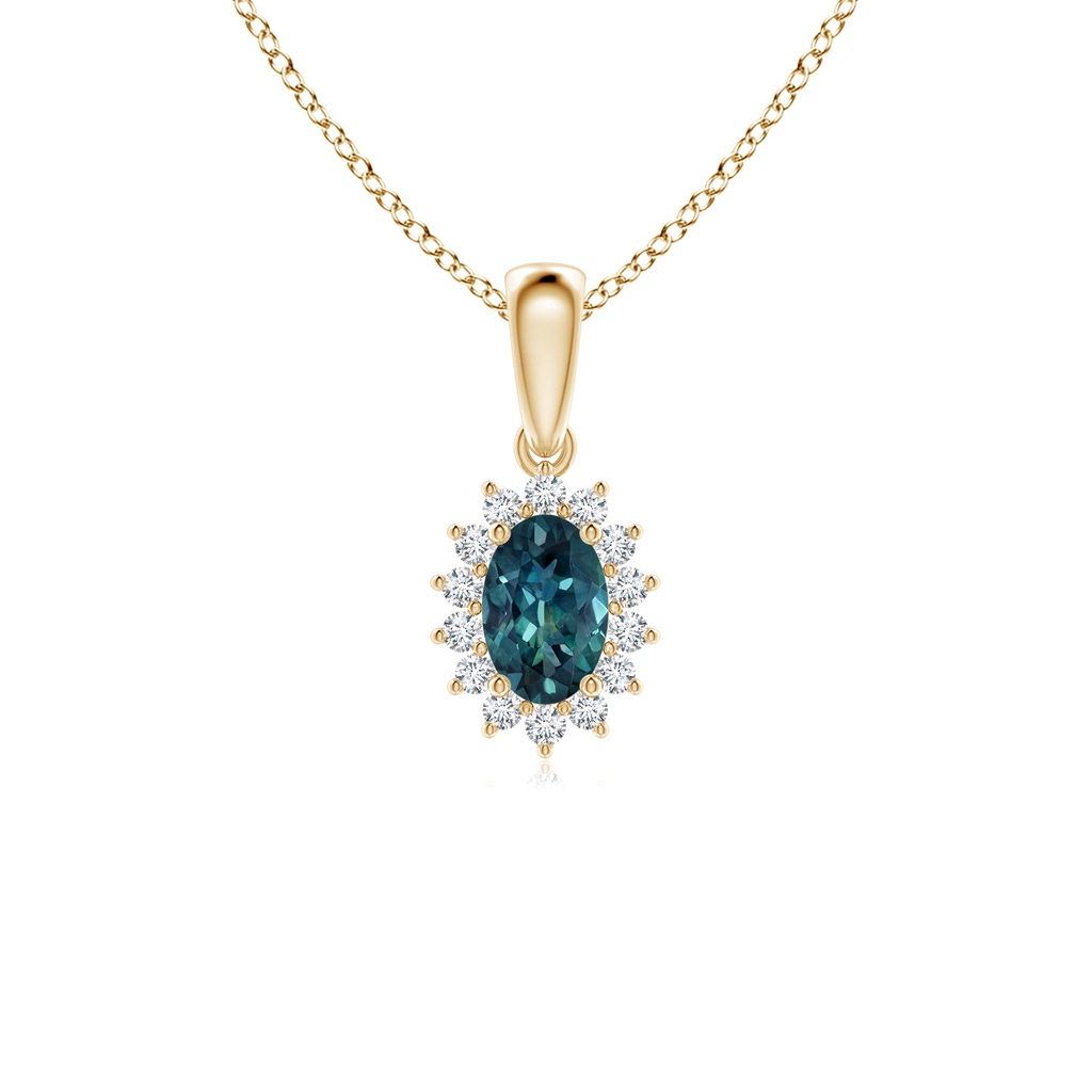 6x4mm AAA Oval Teal Montana Sapphire Pendant with Floral Diamond Halo in Yellow Gold