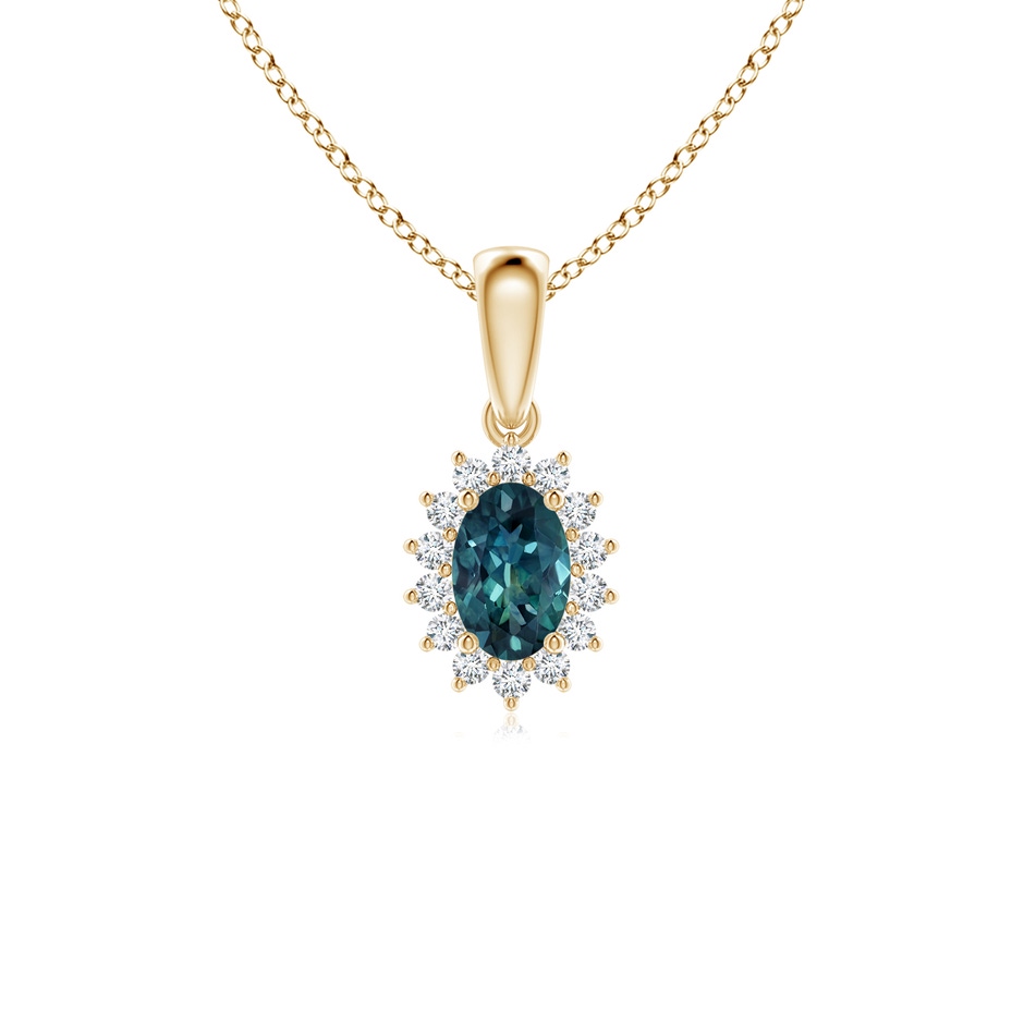 6x4mm AAA Oval Teal Montana Sapphire Pendant with Floral Diamond Halo in Yellow Gold 