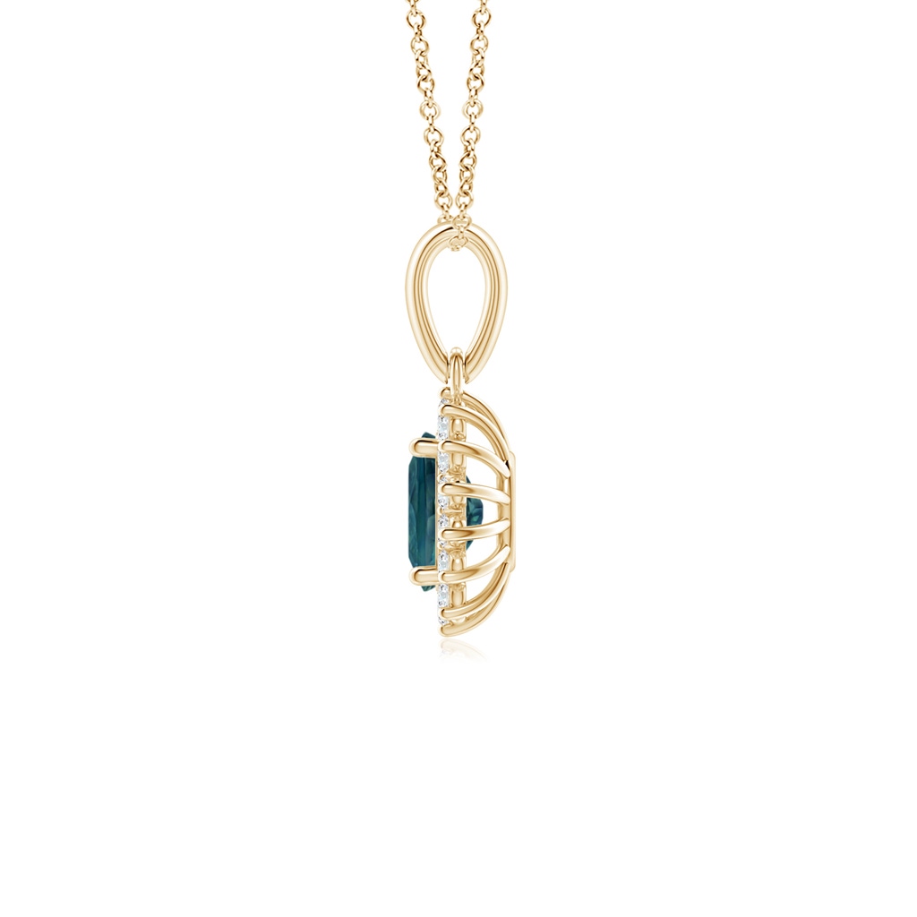 6x4mm AAA Oval Teal Montana Sapphire Pendant with Floral Diamond Halo in Yellow Gold Side 1