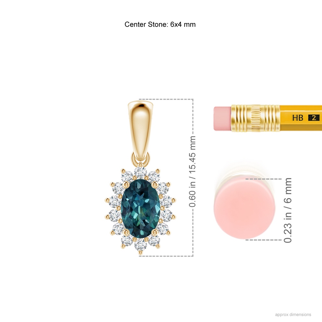 6x4mm AAA Oval Teal Montana Sapphire Pendant with Floral Diamond Halo in Yellow Gold Ruler