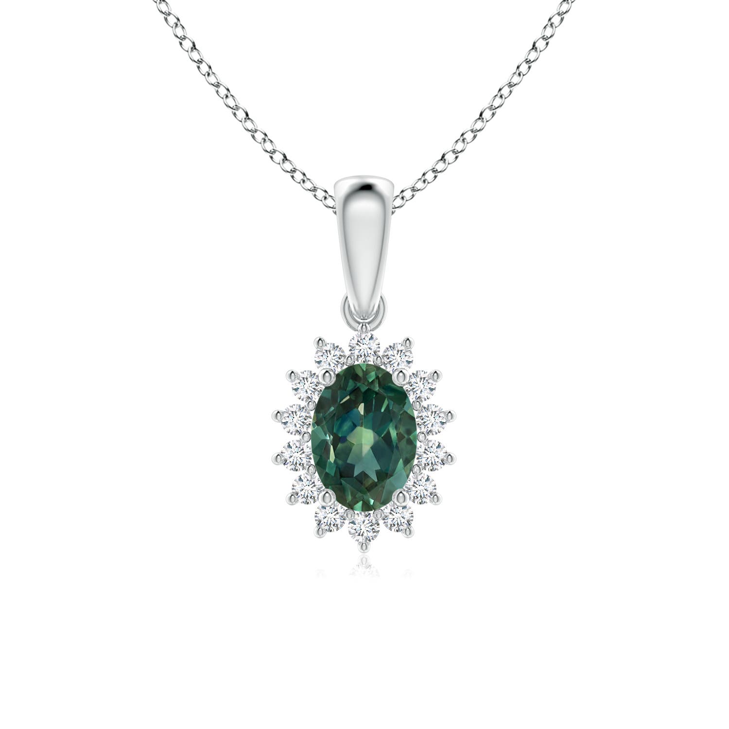7x5mm AA Oval Teal Montana Sapphire Pendant with Floral Diamond Halo in P950 Platinum