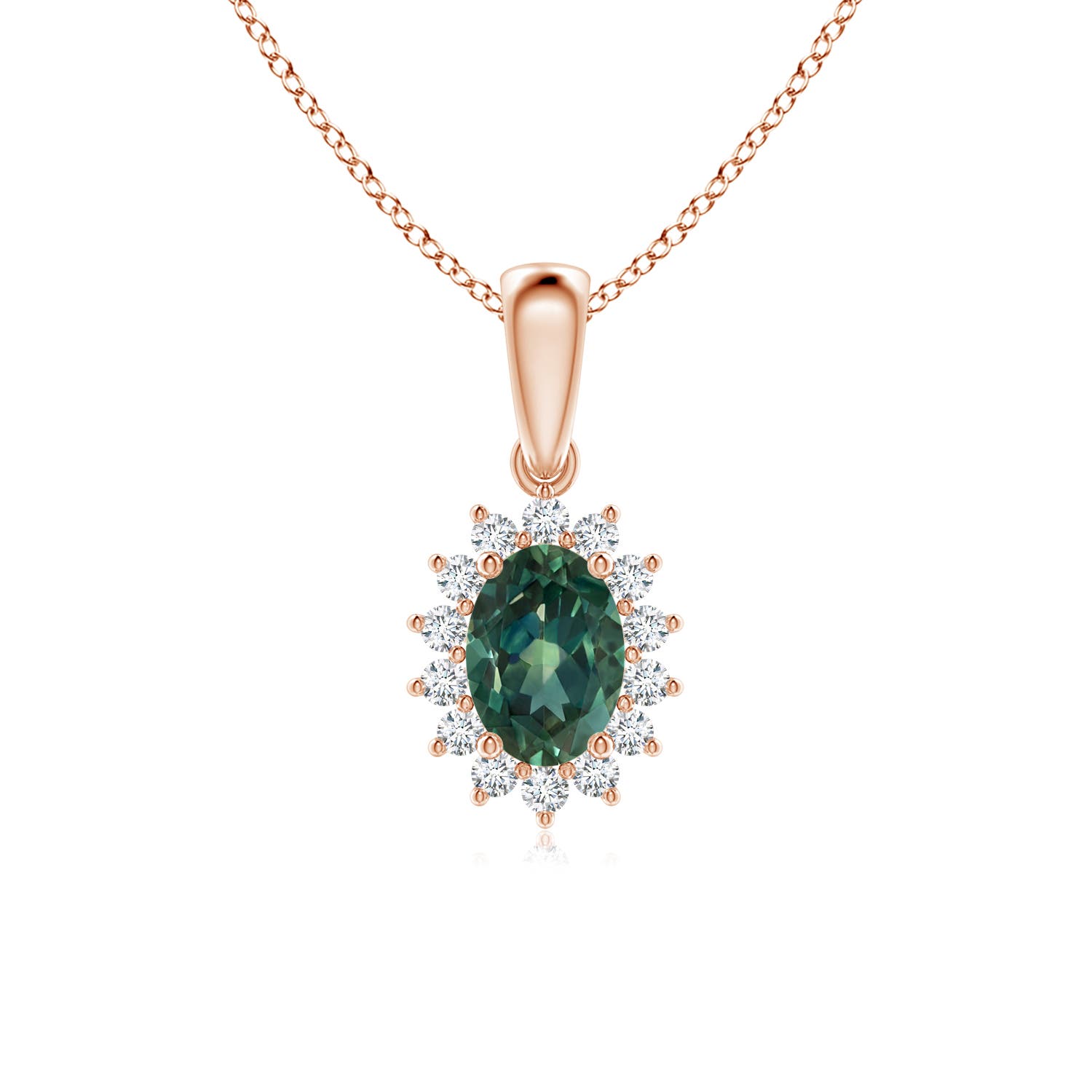 7x5mm AA Oval Teal Montana Sapphire Pendant with Floral Diamond Halo in Rose Gold