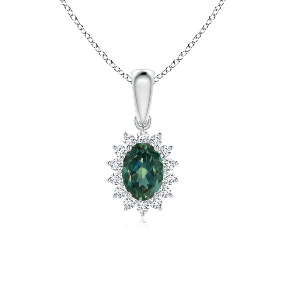 7x5mm AA Oval Teal Montana Sapphire Pendant with Floral Diamond Halo in White Gold 
