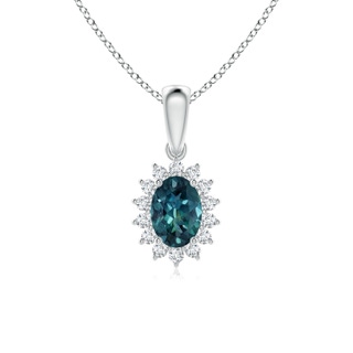 7x5mm AAA Oval Teal Montana Sapphire Pendant with Floral Diamond Halo in P950 Platinum