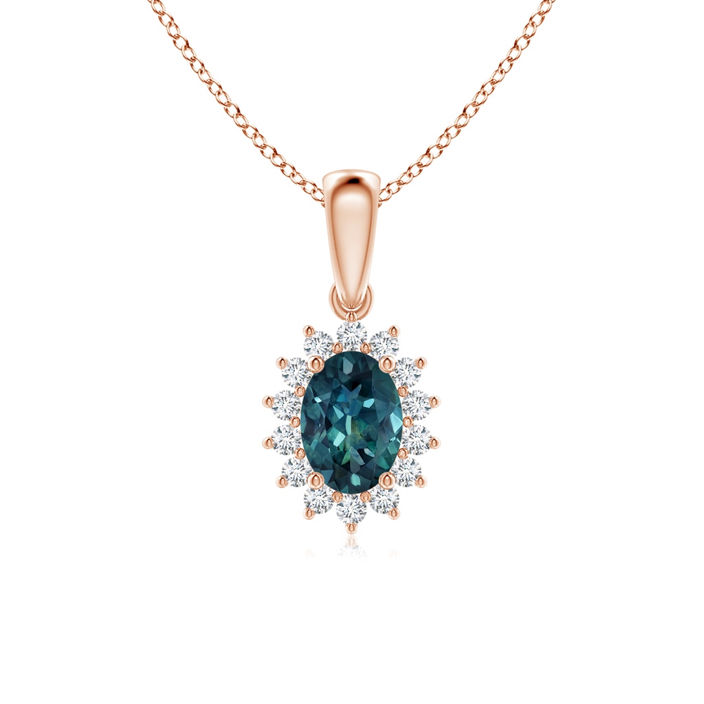 7x5mm AAA Oval Teal Montana Sapphire Pendant with Floral Diamond Halo in Rose Gold