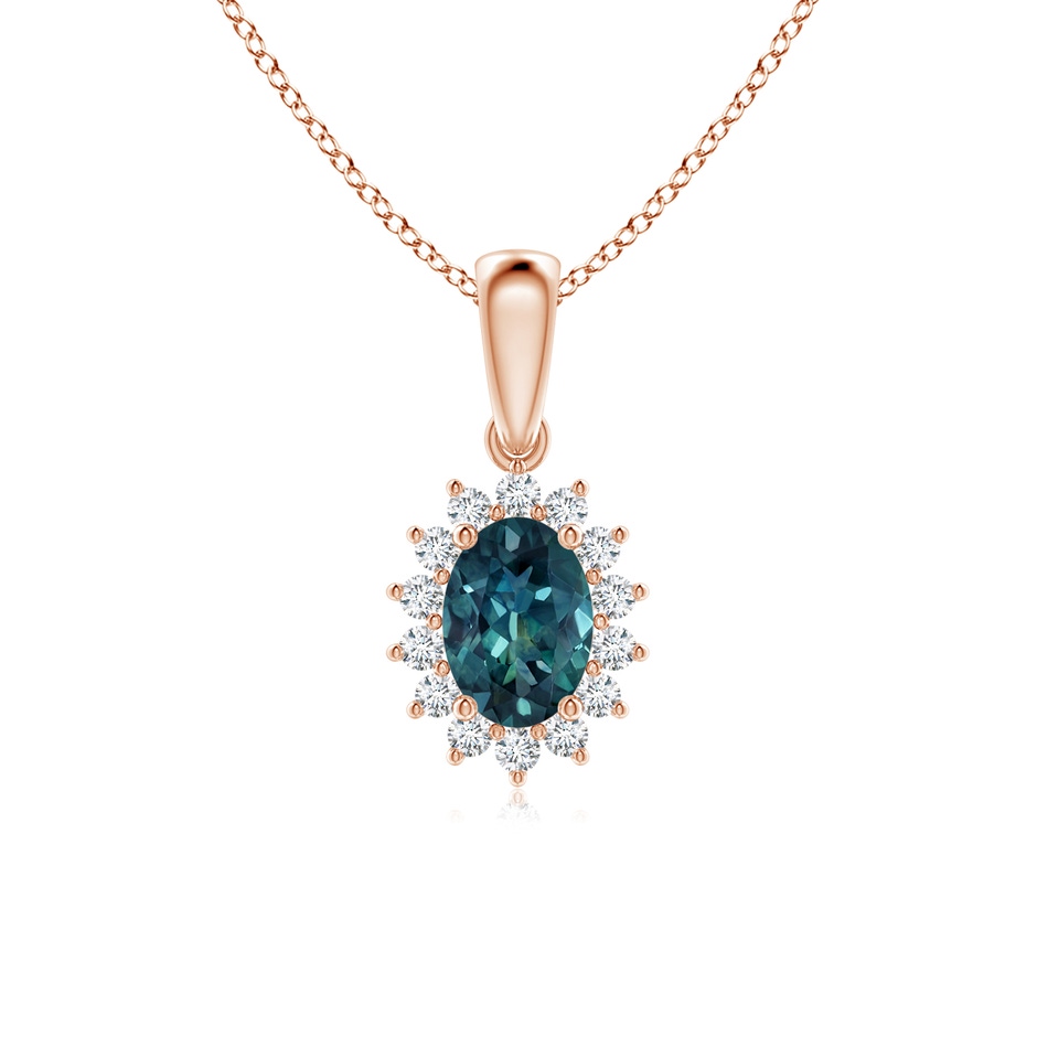 7x5mm AAA Oval Teal Montana Sapphire Pendant with Floral Diamond Halo in Rose Gold 