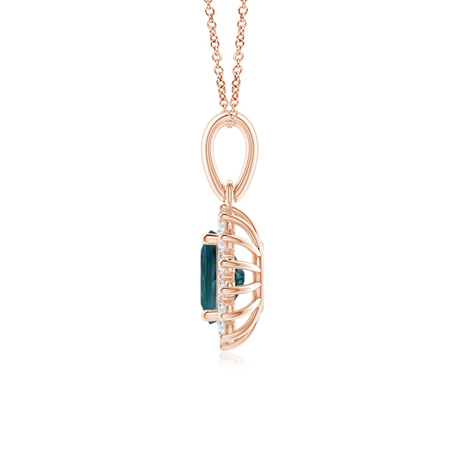 7x5mm AAA Oval Teal Montana Sapphire Pendant with Floral Diamond Halo in Rose Gold side 1