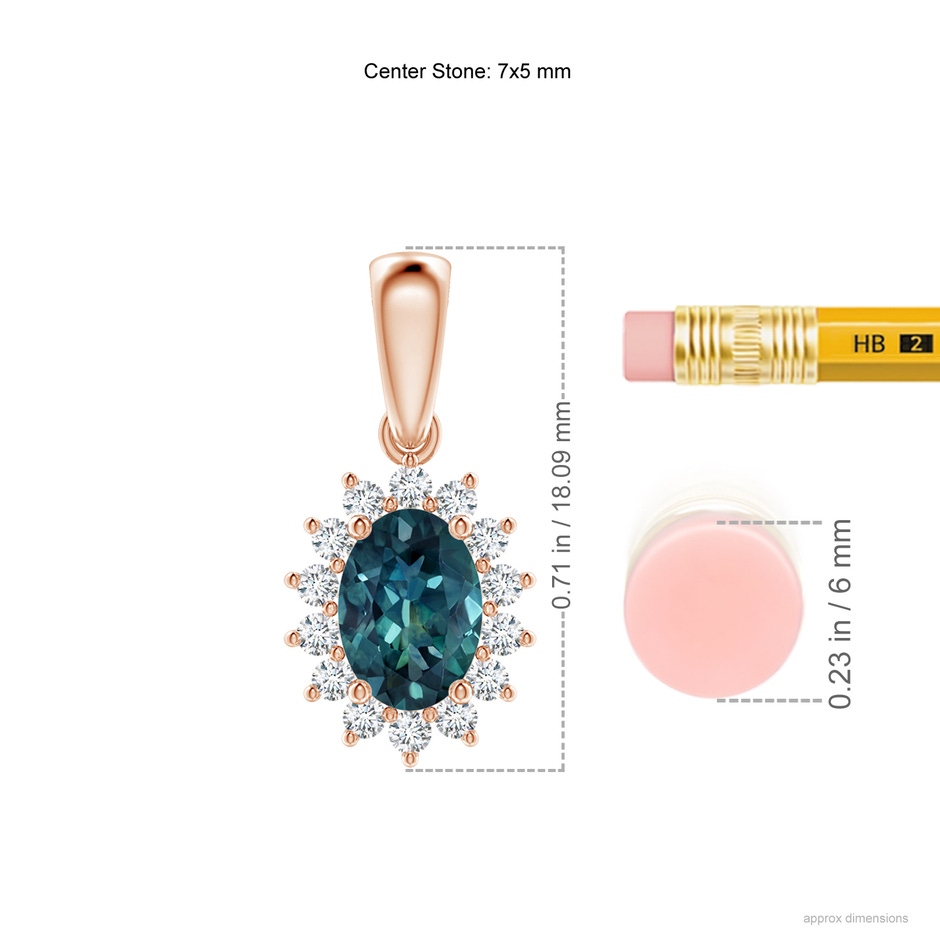 7x5mm AAA Oval Teal Montana Sapphire Pendant with Floral Diamond Halo in Rose Gold ruler