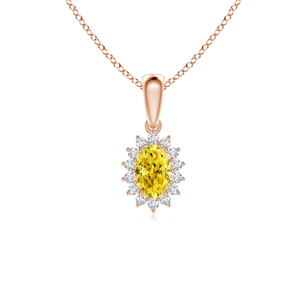 6x4mm AAAA Oval Fancy Intense Yellow Diamond Pendant with Floral Halo in Rose Gold