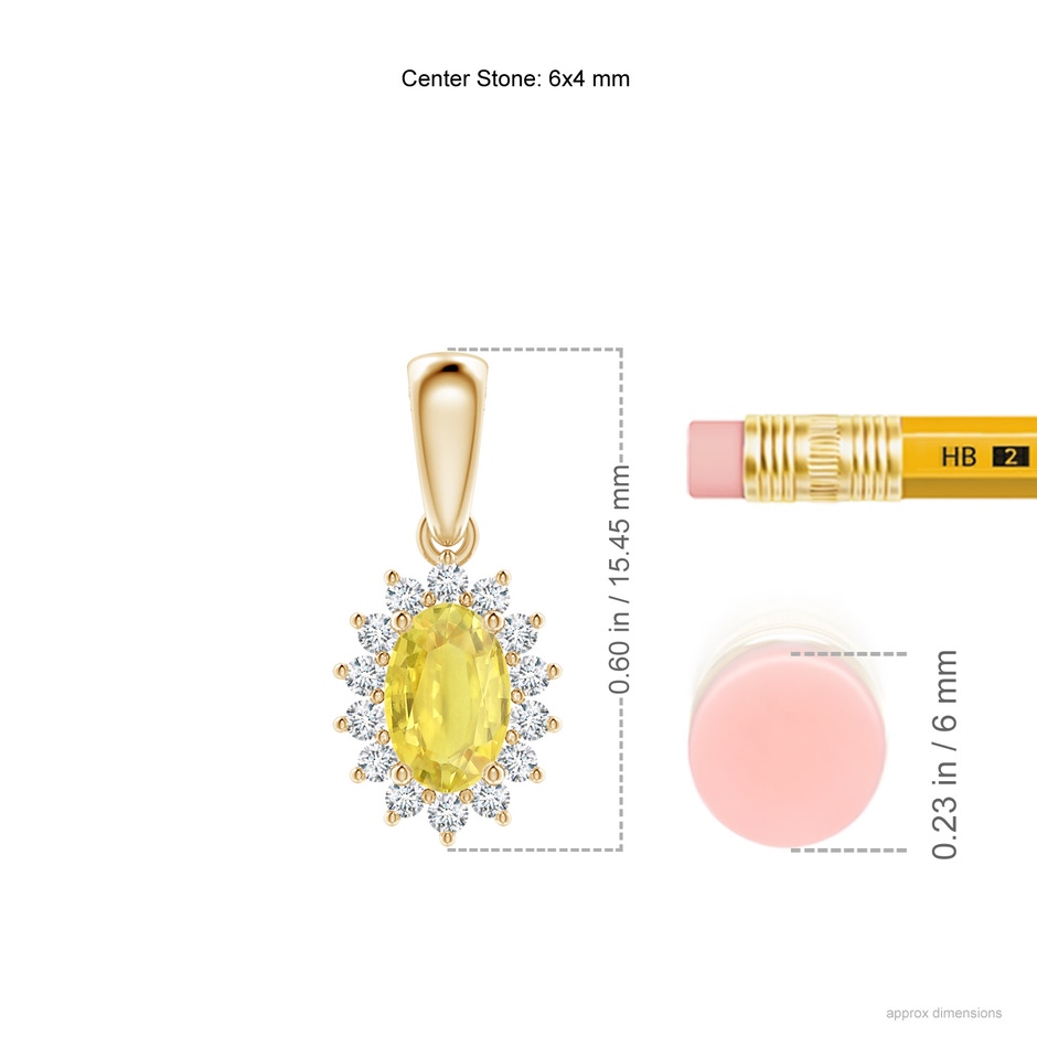 6x4mm A Oval Yellow Sapphire Pendant with Floral Diamond Halo in Yellow Gold ruler
