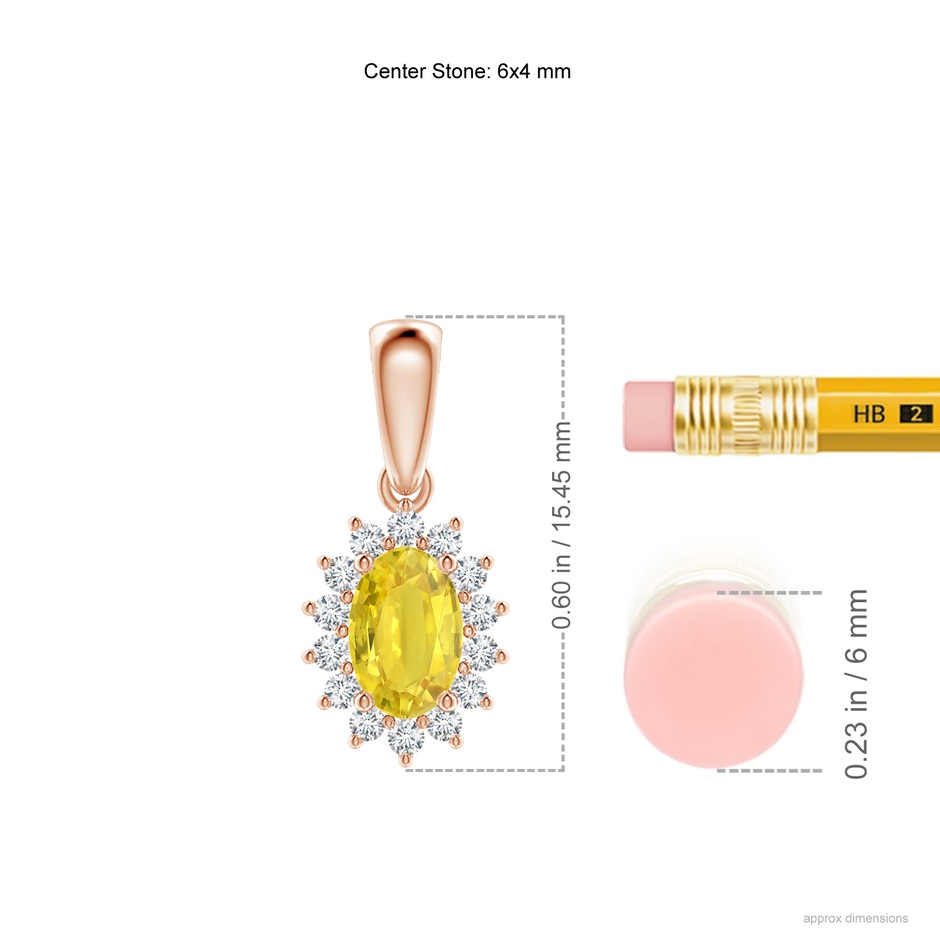 6x4mm AA Oval Yellow Sapphire Pendant with Floral Diamond Halo in Rose Gold ruler