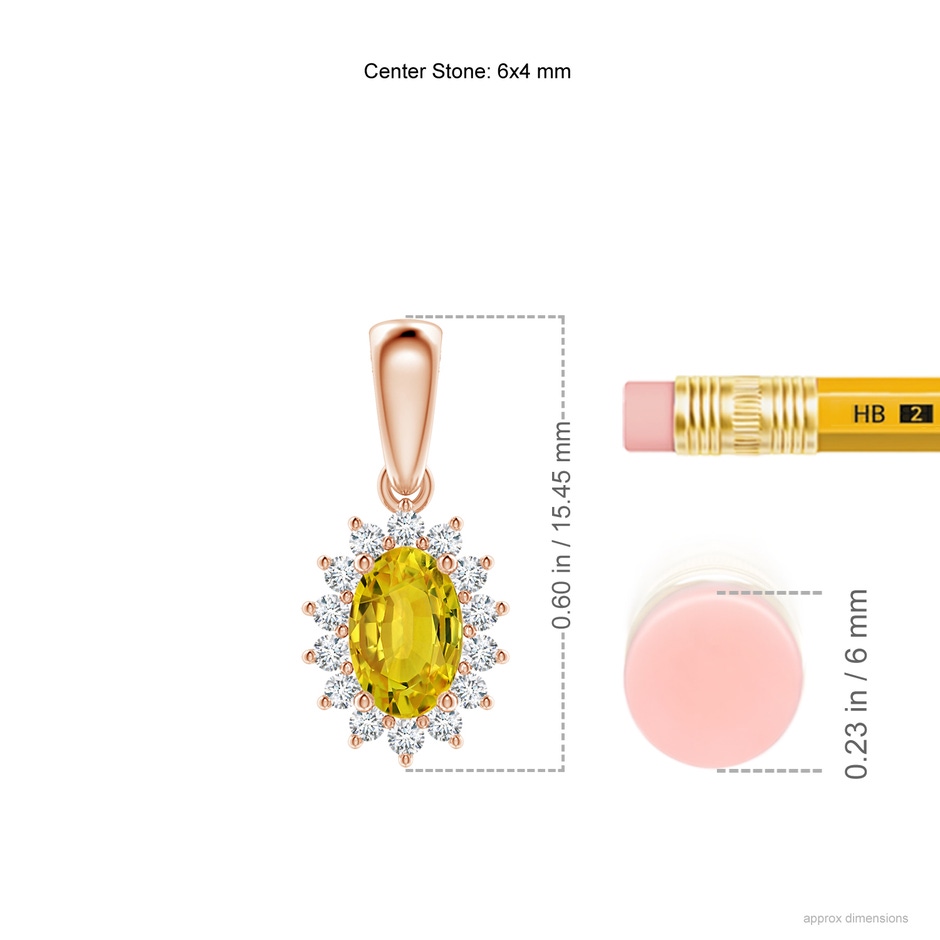 6x4mm AAAA Oval Yellow Sapphire Pendant with Floral Diamond Halo in Rose Gold ruler