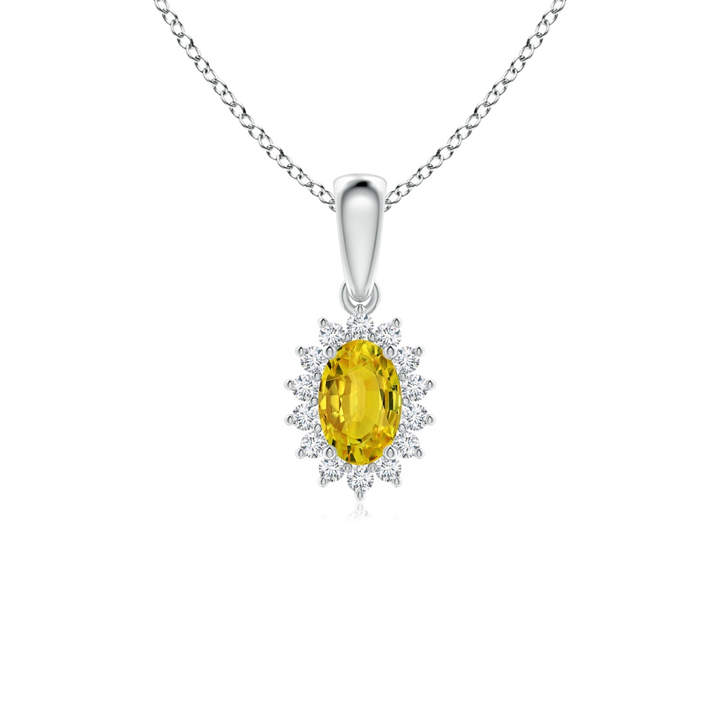 6x4mm AAAA Oval Yellow Sapphire Pendant with Floral Diamond Halo in White Gold