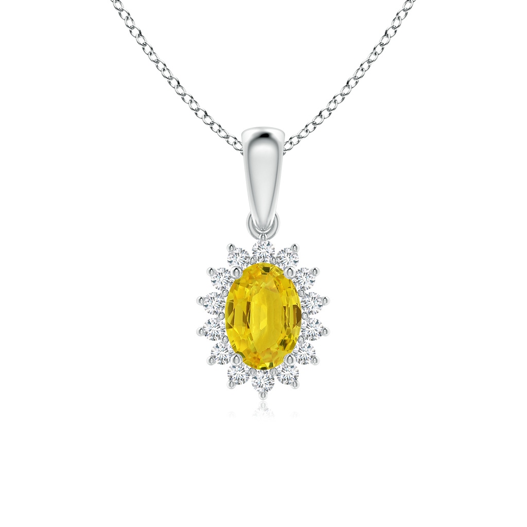 7x5mm AAA Oval Yellow Sapphire Pendant with Floral Diamond Halo in White Gold