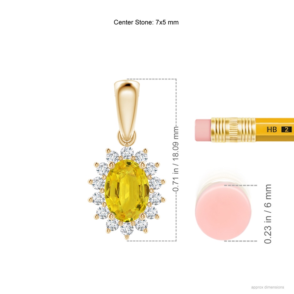 7x5mm AAA Oval Yellow Sapphire Pendant with Floral Diamond Halo in Yellow Gold ruler