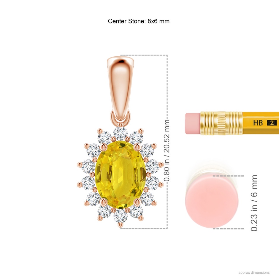 8x6mm AAA Oval Yellow Sapphire Pendant with Floral Diamond Halo in Rose Gold ruler