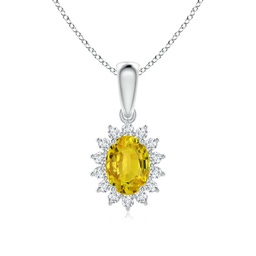 8x6mm AAAA Oval Yellow Sapphire Pendant with Floral Diamond Halo in White Gold
