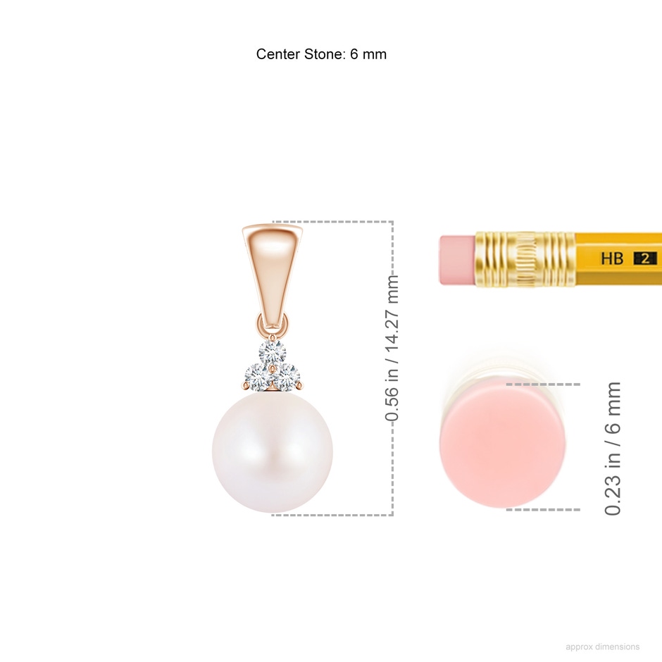 6mm AA Japanese Akoya Pearl Pendant with Trio Diamonds in Rose Gold ruler