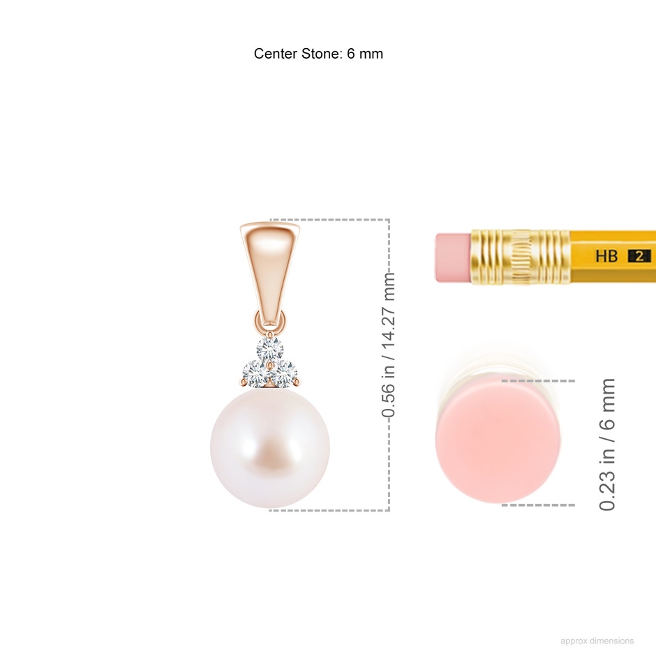 6mm AAA Japanese Akoya Pearl Pendant with Trio Diamonds in Rose Gold ruler