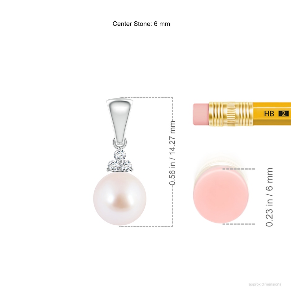 6mm AAA Japanese Akoya Pearl Pendant with Trio Diamonds in White Gold ruler