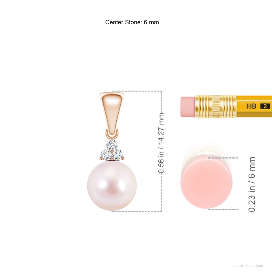 6mm AAAA Japanese Akoya Pearl Pendant with Trio Diamonds in Rose Gold ruler