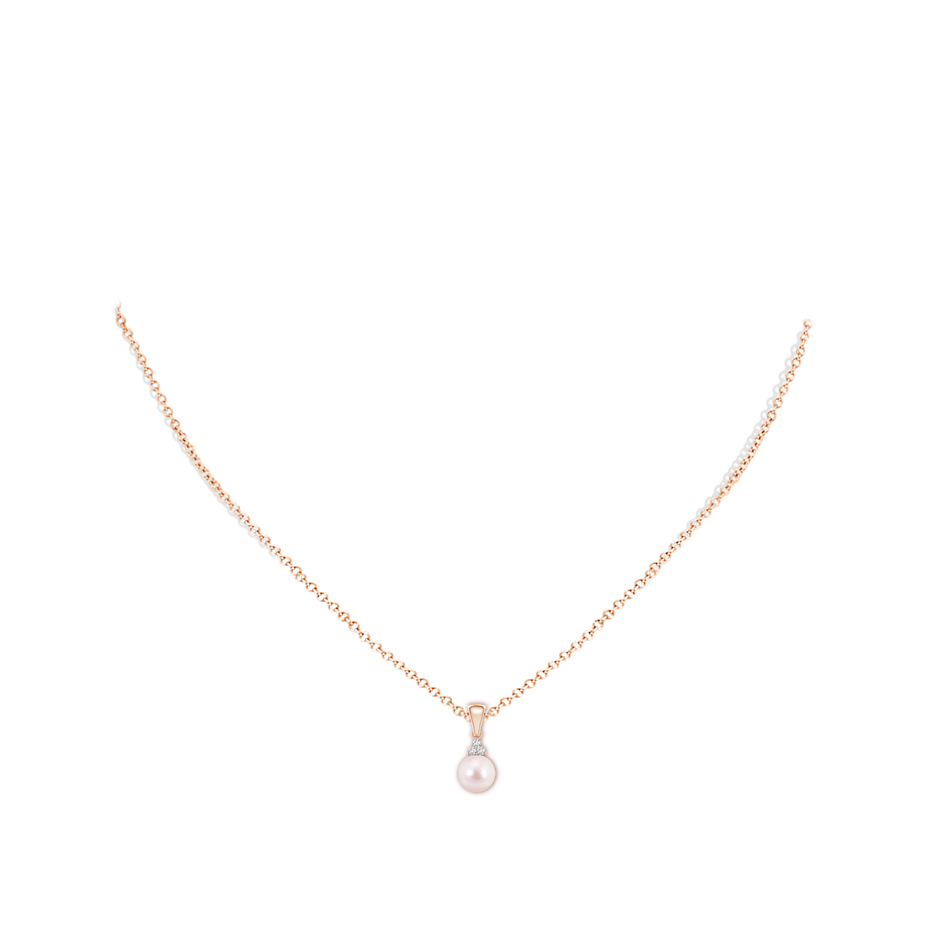 6mm AAAA Japanese Akoya Pearl Pendant with Trio Diamonds in Rose Gold body-neck