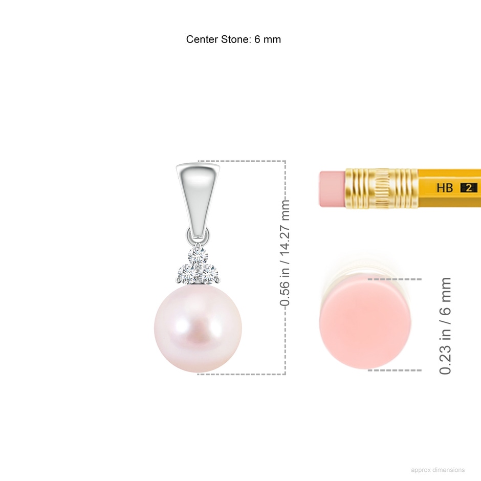 6mm AAAA Japanese Akoya Pearl Pendant with Trio Diamonds in White Gold ruler