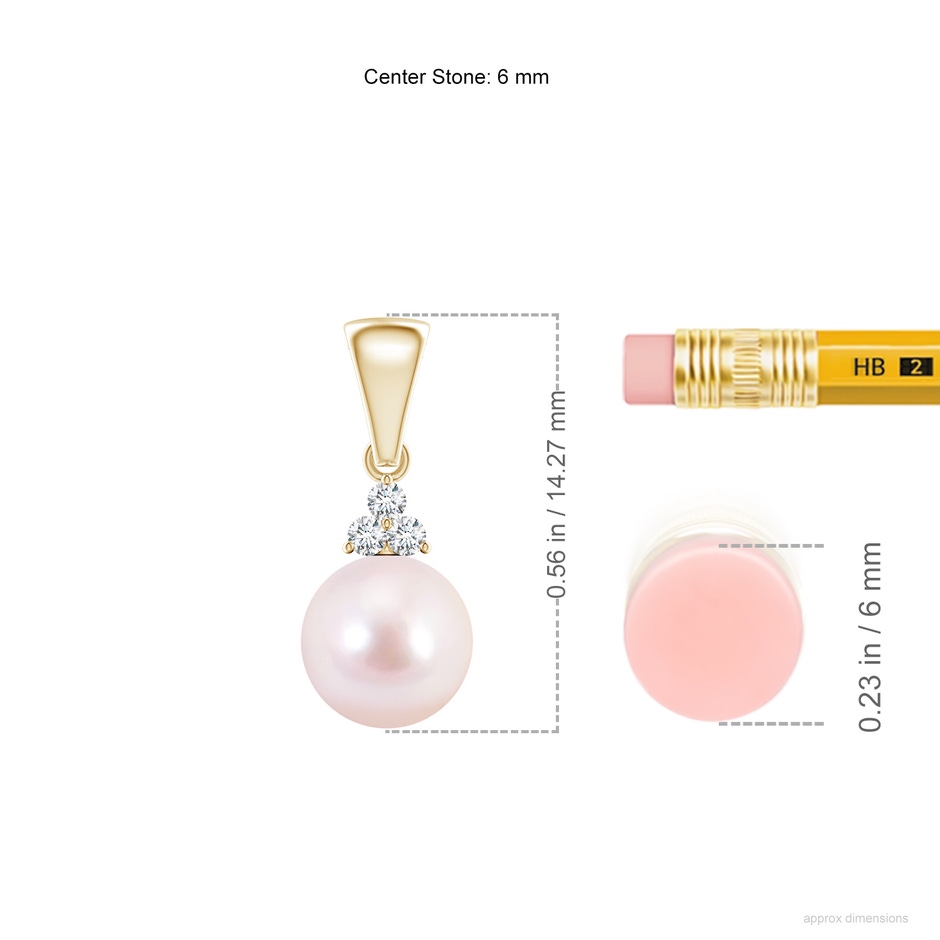 6mm AAAA Japanese Akoya Pearl Pendant with Trio Diamonds in Yellow Gold ruler