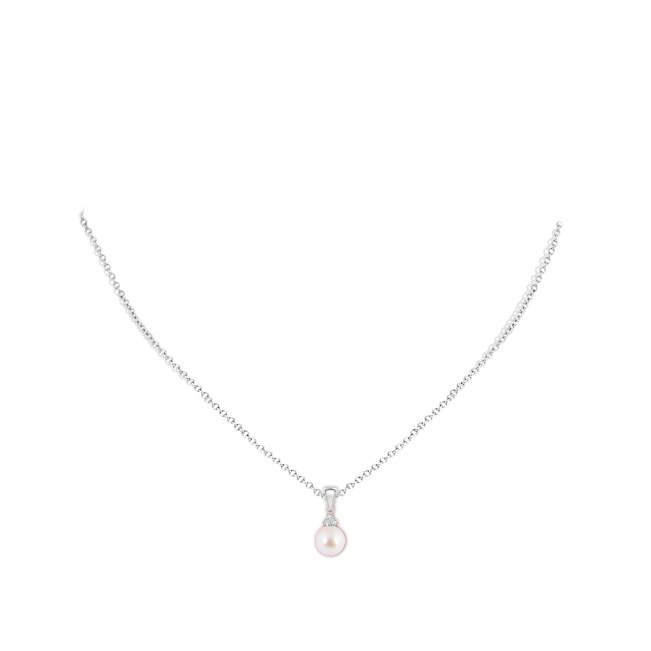 7mm AAA Japanese Akoya Pearl Pendant with Trio Diamonds in White Gold Body-Neck