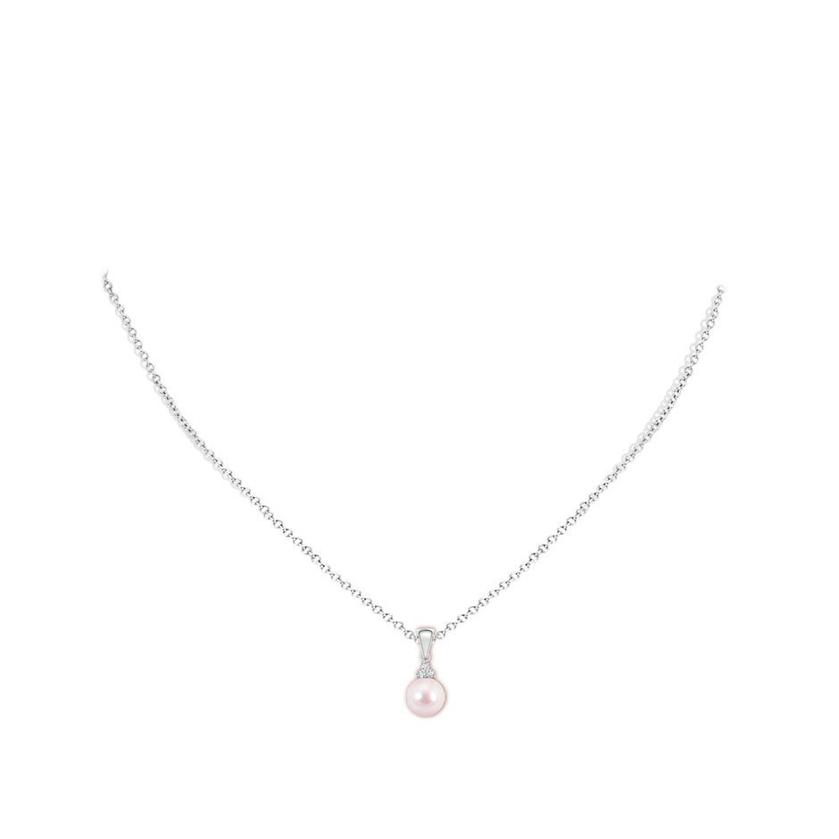 7mm AAAA Japanese Akoya Pearl Pendant with Trio Diamonds in White Gold body-neck