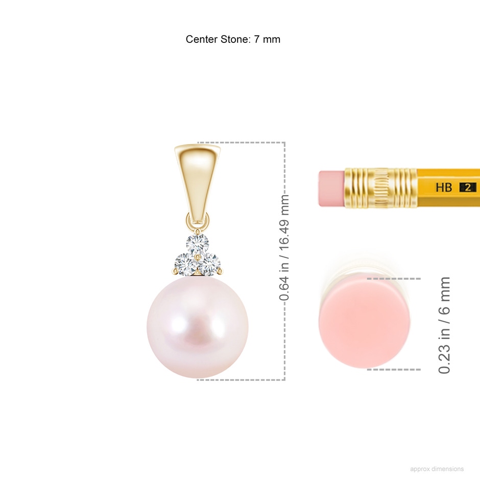 7mm AAAA Japanese Akoya Pearl Pendant with Trio Diamonds in Yellow Gold ruler