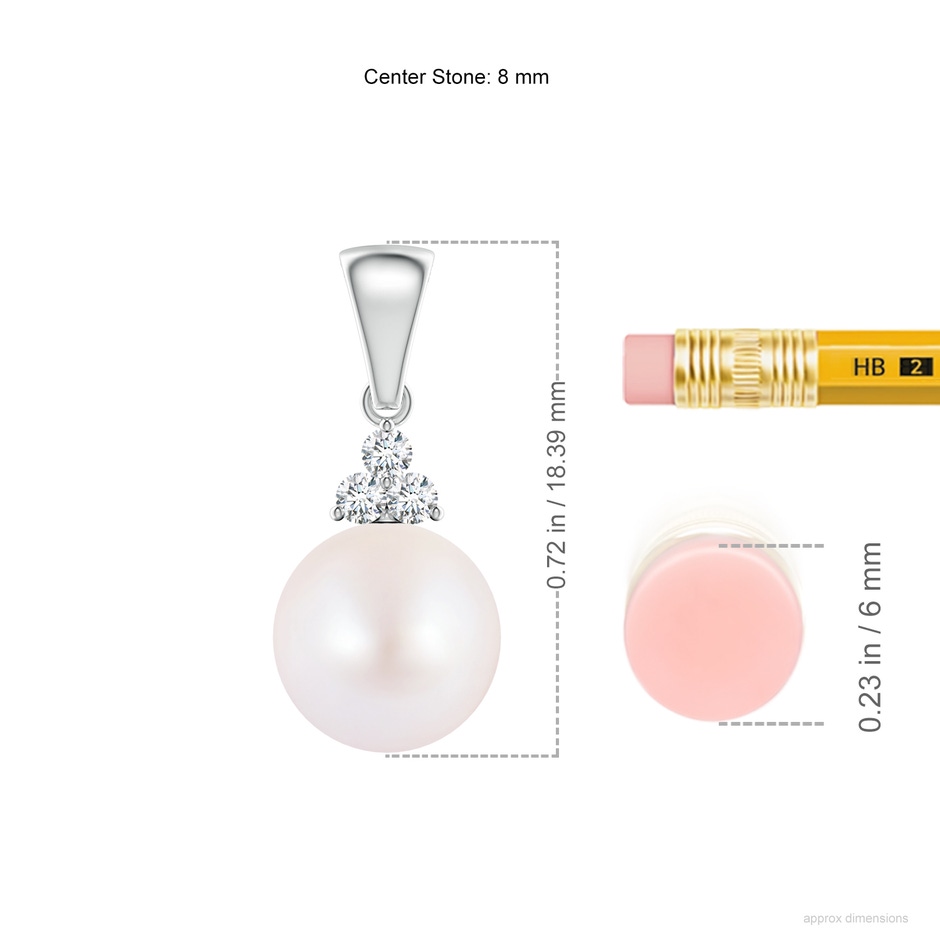 8mm AA Japanese Akoya Pearl Pendant with Trio Diamonds in 9K White Gold ruler