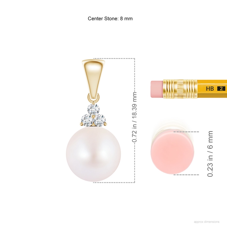 8mm AA Japanese Akoya Pearl Pendant with Trio Diamonds in 9K Yellow Gold ruler