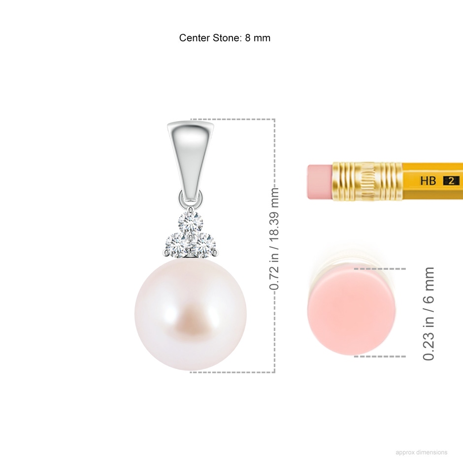8mm AAA Japanese Akoya Pearl Pendant with Trio Diamonds in White Gold ruler