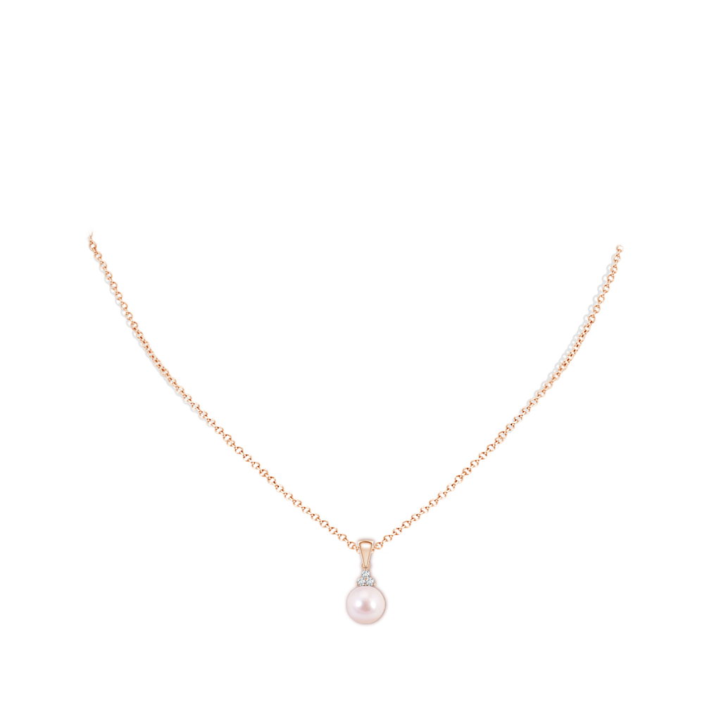 8mm AAAA Japanese Akoya Pearl Pendant with Trio Diamonds in Rose Gold Body-Neck