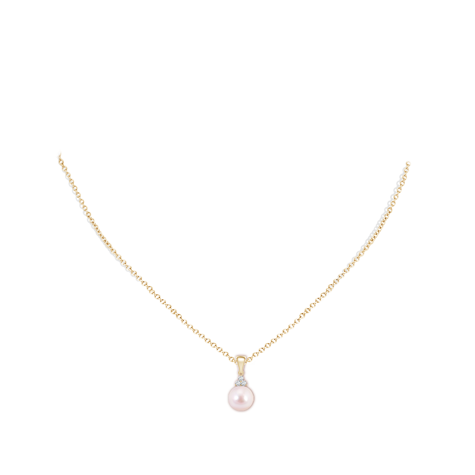 8mm AAAA Japanese Akoya Pearl Pendant with Trio Diamonds in Yellow Gold body-neck