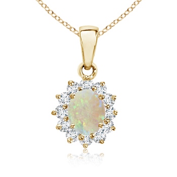 7x5mm AAA 14k Yellow Gold Oval Opal and Diamond Halo Pendant in Yellow Gold 