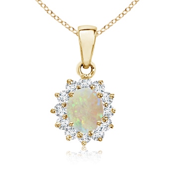 7x5mm AAA 14k Yellow Gold Oval Opal and Diamond Halo Pendant in Yellow Gold