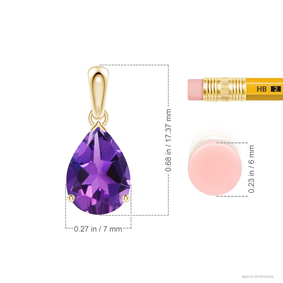 10x7mm AAAA Prong-Set Pear Amethyst Solitaire Pendant in Yellow Gold ruler
