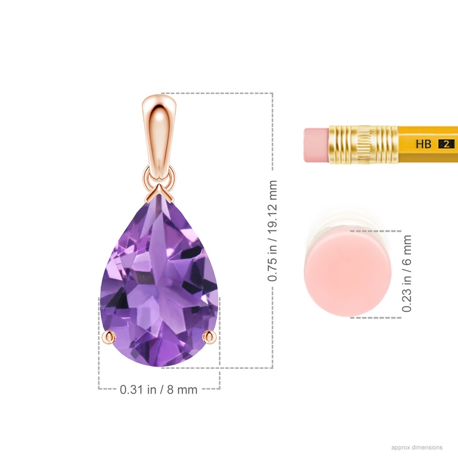 12x8mm AA Prong-Set Pear Amethyst Solitaire Pendant in Rose Gold ruler