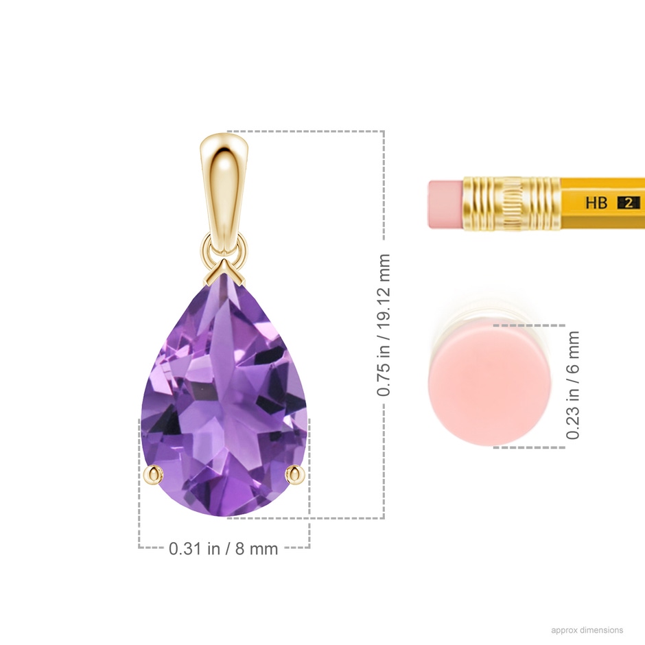 12x8mm AA Prong-Set Pear Amethyst Solitaire Pendant in Yellow Gold ruler