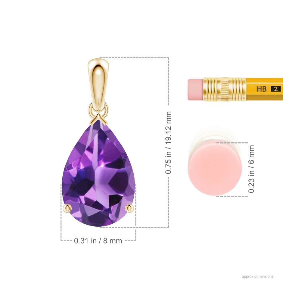 12x8mm AAA Prong-Set Pear Amethyst Solitaire Pendant in 18K Yellow Gold ruler