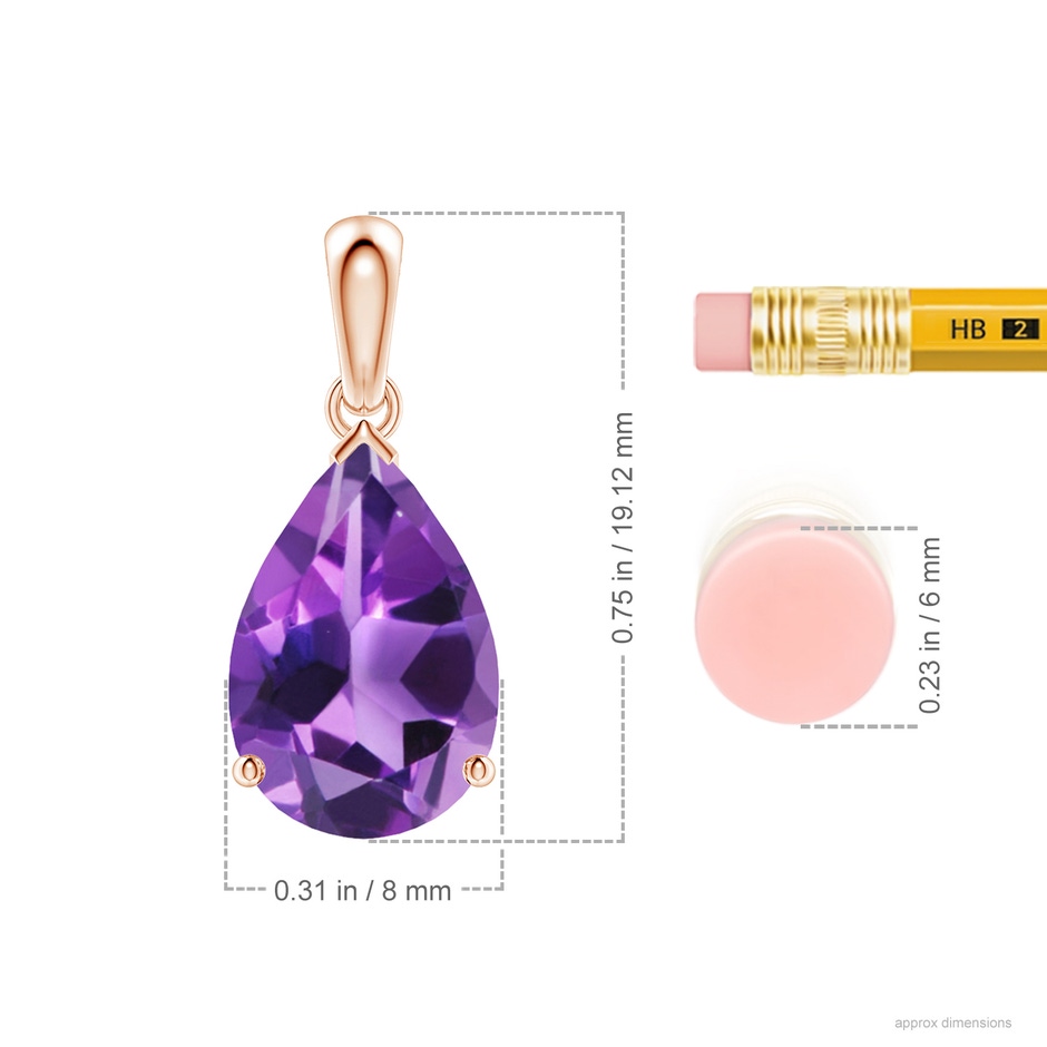 12x8mm AAA Prong-Set Pear Amethyst Solitaire Pendant in Rose Gold ruler