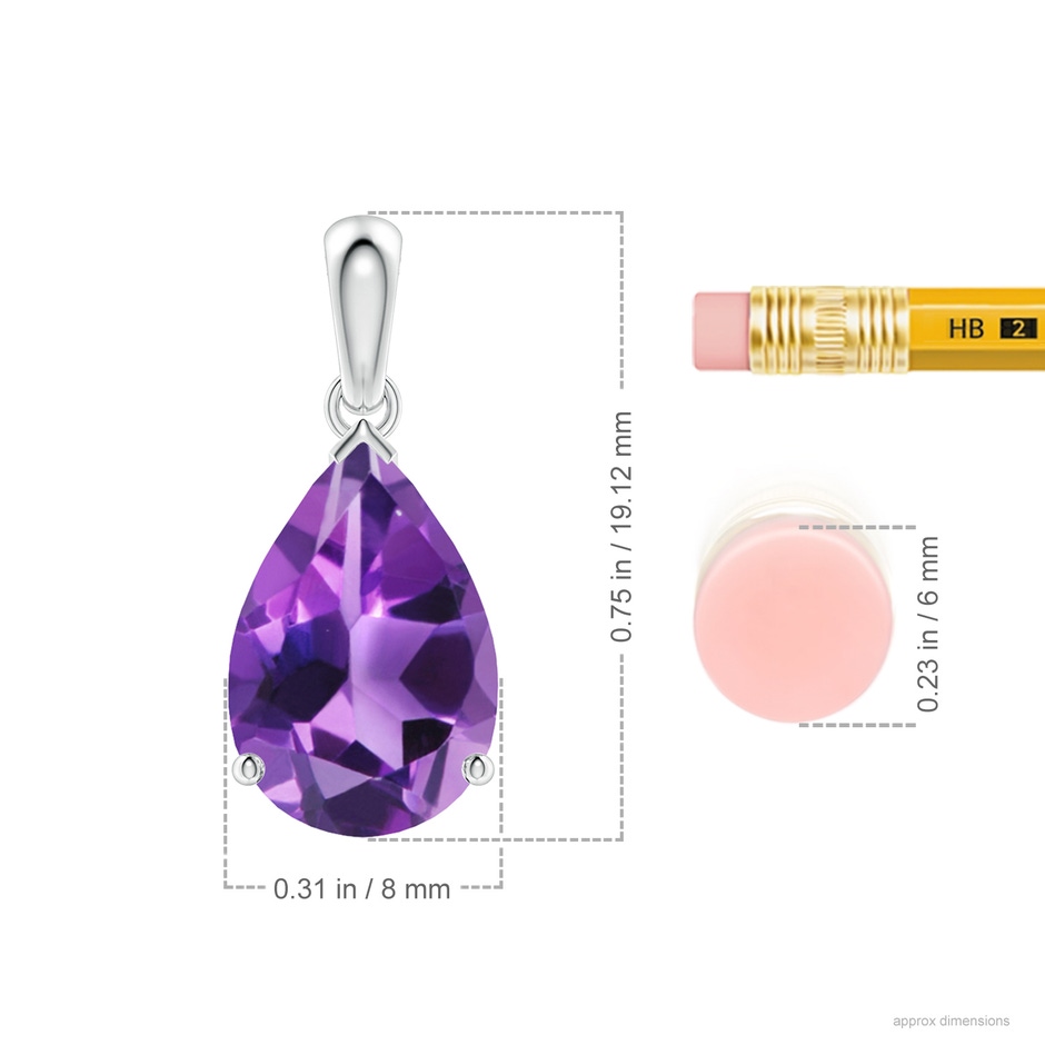 12x8mm AAA Prong-Set Pear Amethyst Solitaire Pendant in White Gold ruler